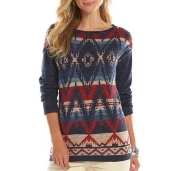 NWT Chaps Red and Blue Southwestern Tribal Long Sleeve Crew Neck Pullover Size M - Picture 11 of 11